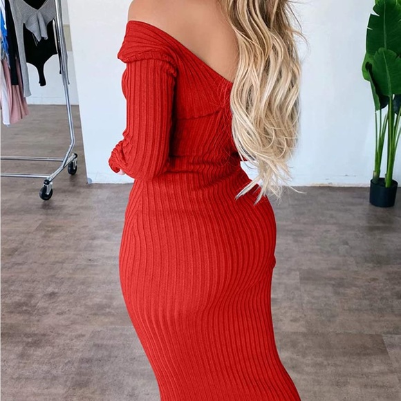 💕 RED Women's Sexy Long Sleeve Off Shoulder Knit Bodycon Long Dress *NEW - Picture 3 of 4